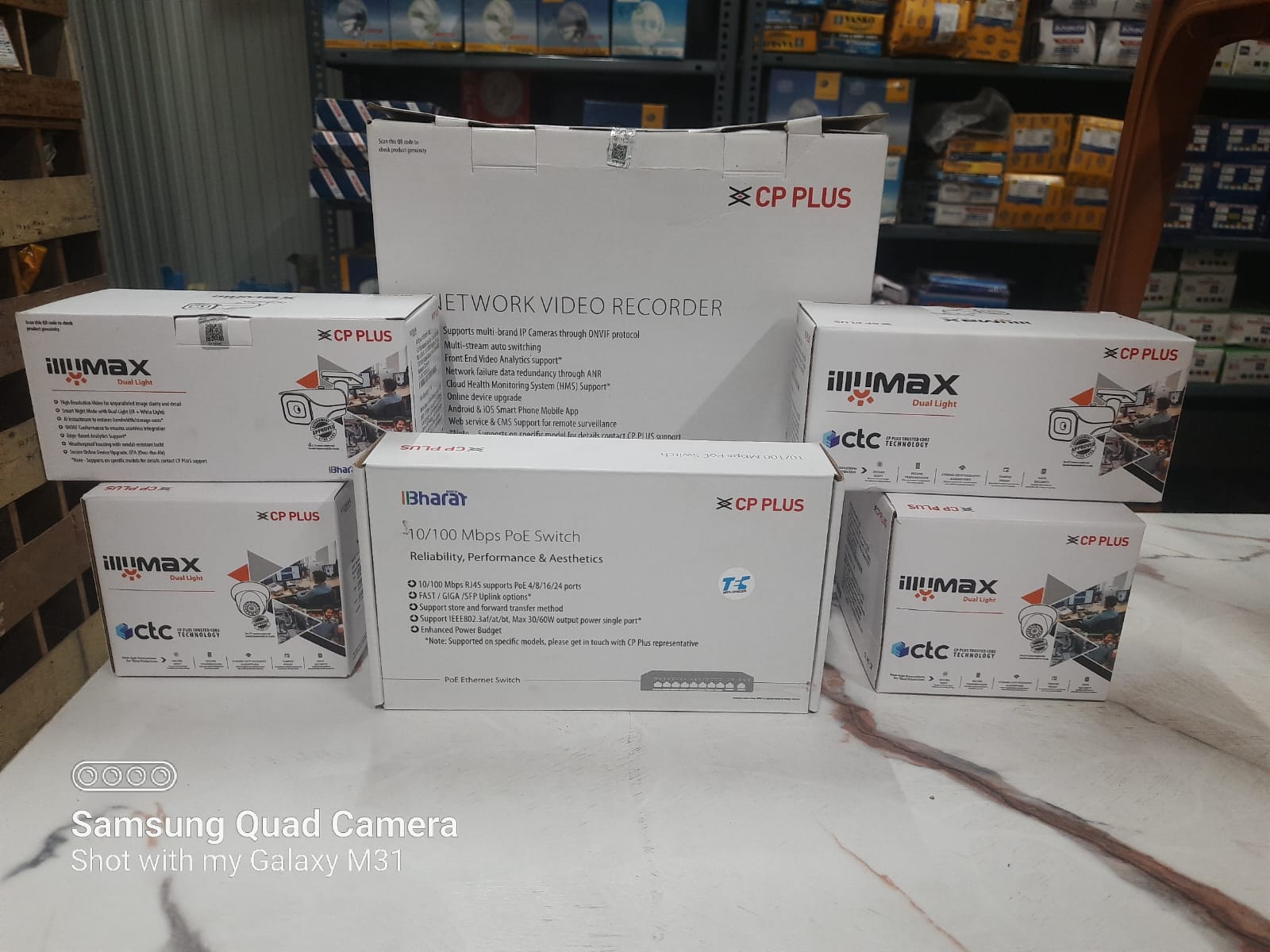 CP Plus NVR, IP cameras & PoE switch — branded hardware