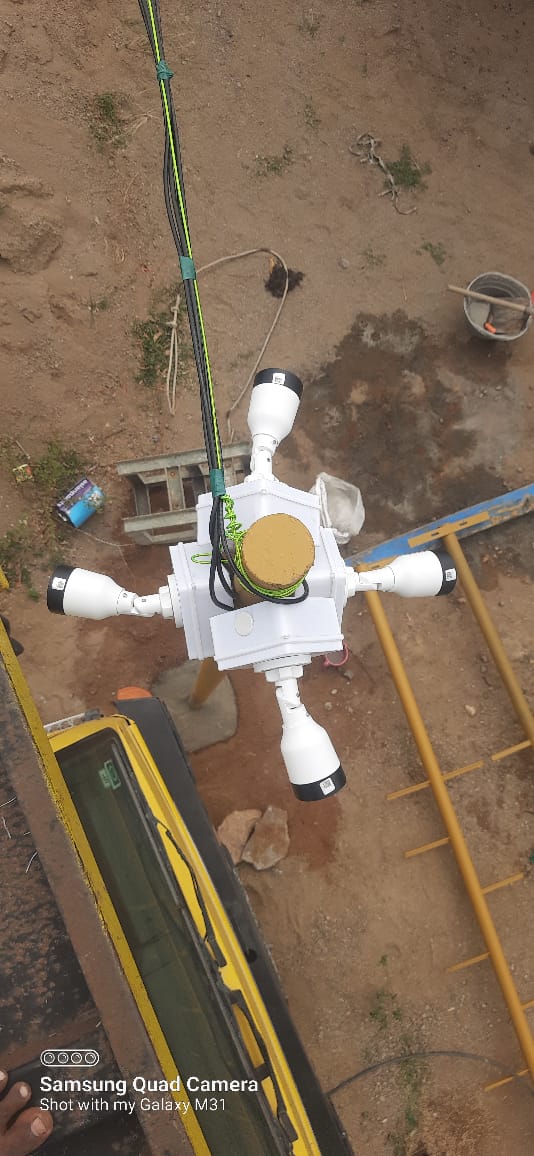 Multi-directional bullet camera cluster mounted on a mast