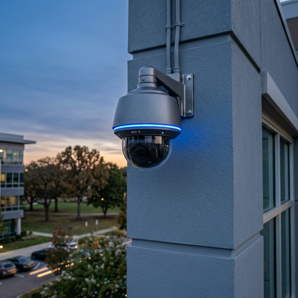 High-tech surveillance dome camera with glowing blue LED status ring