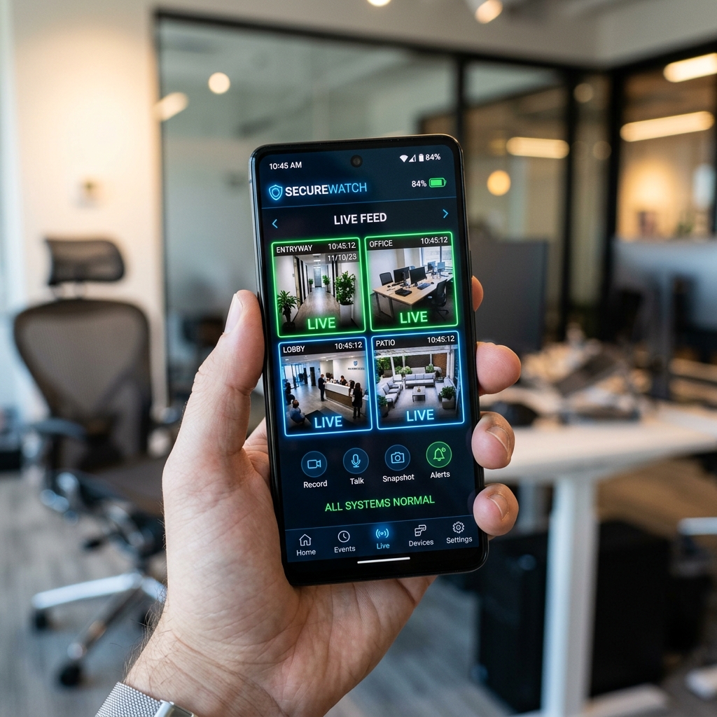 Smartphone displaying 4-grid security monitoring app